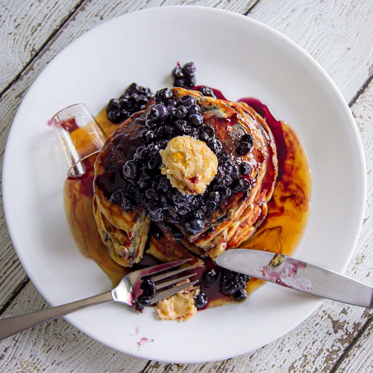 Blackberry Pancakes w/ Brown Sugar Butter + Mulled Blackberry Syrup