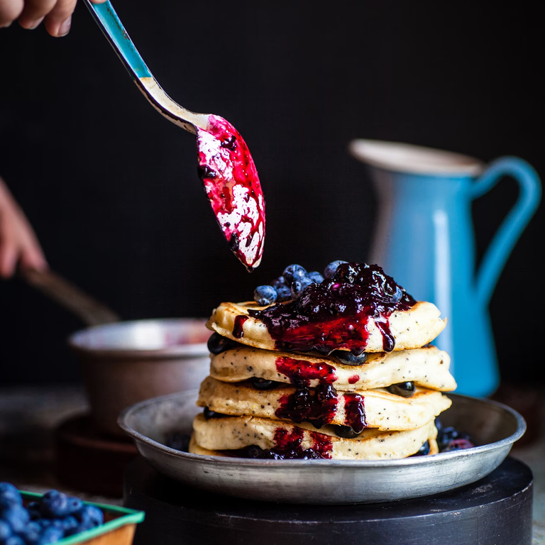 Fluffiest Blueberry Pancakes w/ Blueberry Lemon Syrup