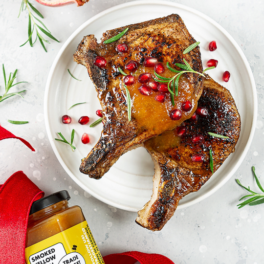 Smoked Peach Pork Chops w/ Pomegranate + Rosemary