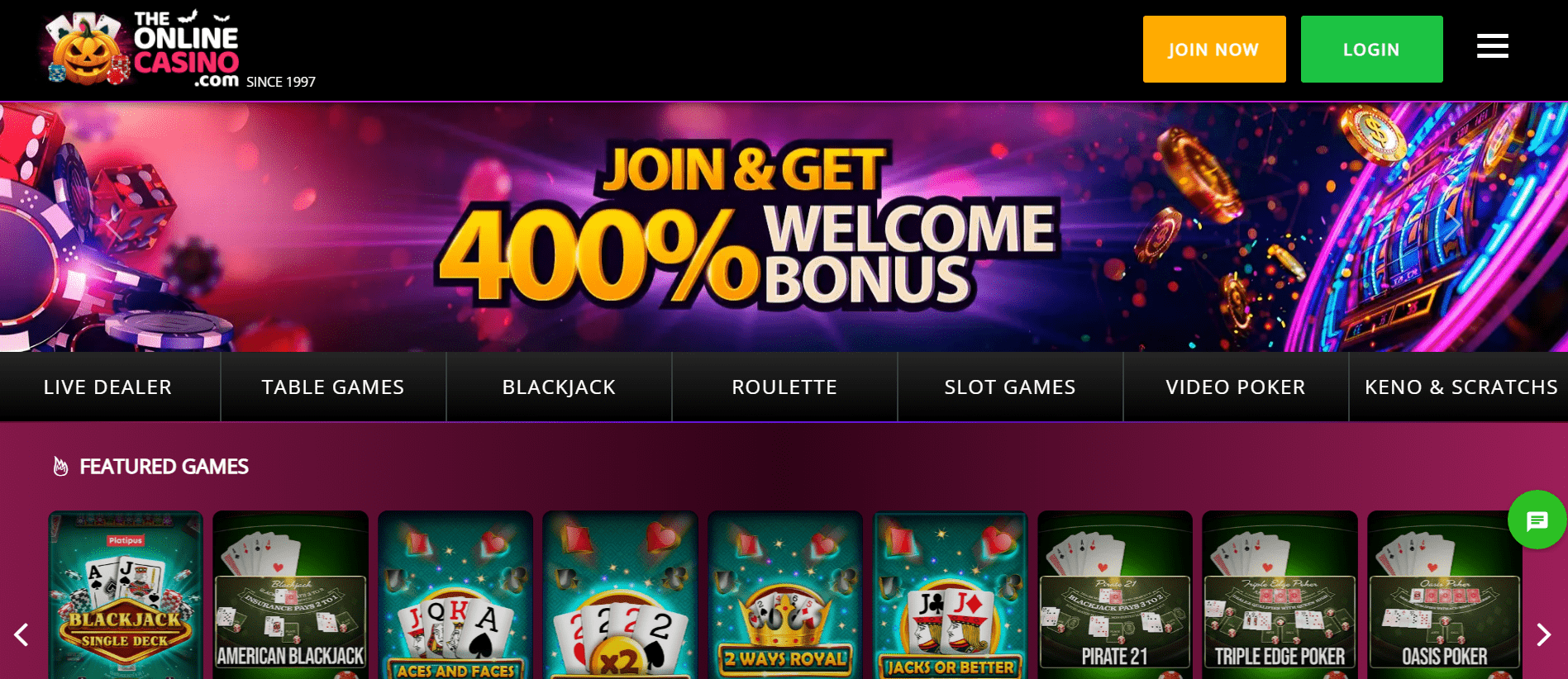 Homepage of TheOnlineCasino platform displaying extensive games and secure banking
